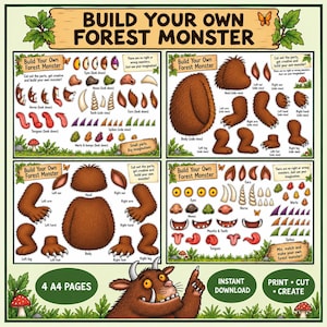 May include: A digital craft kit titled Build Your Own Forest Monster featuring four A4 pages of printable monster parts including brown furry bodies, various eyes, horns, teeth, tongues, and spikes to cut out and assemble into custom creatures.