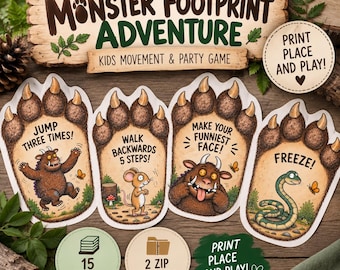 May include: A printable party game set featuring four monster footprint cards with illustrations of a brown monster, a mouse, and a snake. Each card includes text instructions like Jump Three Times and Freeze. Includes labels for 15 files and 2 zip folders.
