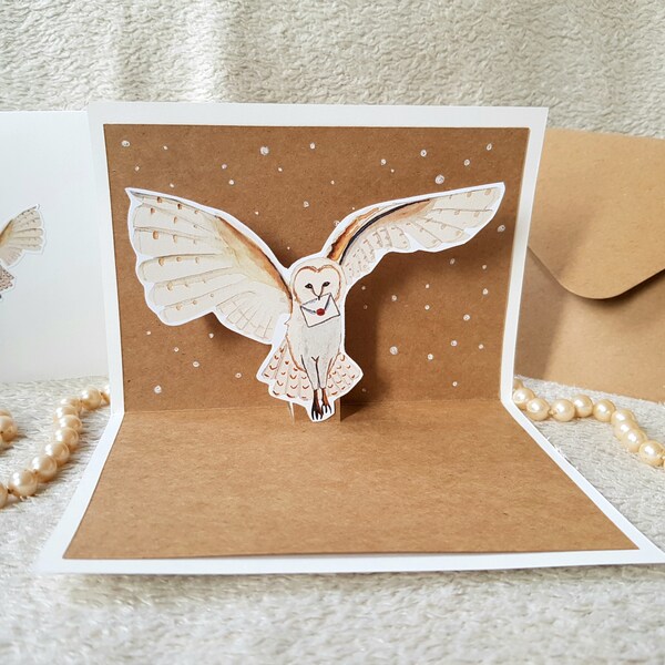 Pop Up Folding Card Owl in the Snow with Envelope