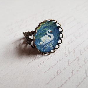 Hand-painted swan ring – Adjustable brass ring with romantic bird motif, unique
