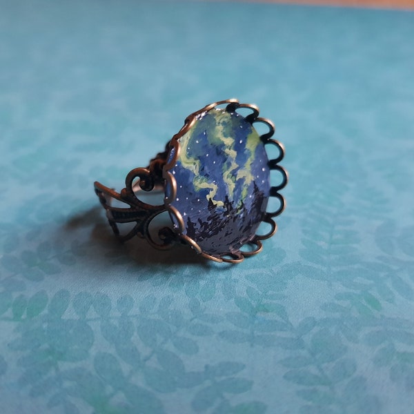 Hand Painted Northern Lights Ring, Victorian Jewellery, Northern Lights Ring, Icelandic Accessory, Art Nouveau Flourishes