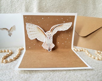 Pop Up Folding Card Owl in the Snow with Envelope