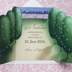 Invito a nozze personalizzato con illustrazione della location apribile
