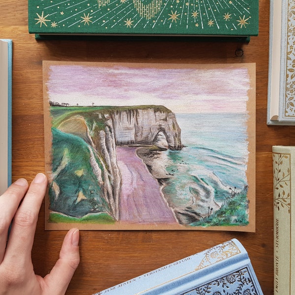 Original Buntstiftzeichnung von Melina Werner, Étretat Landschaftsbild, Impressionistische Landschaft, Felsen und Meer