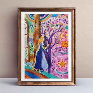 Lámina artística de Rapunzel A4 – ilustración de cuento de hadas en la torre | Arte mural para habitaciones infantiles y salas de estar.