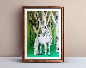 Kunstdruck Einhorn, Gicleeprint Diorama, Din A4 Einhornbild