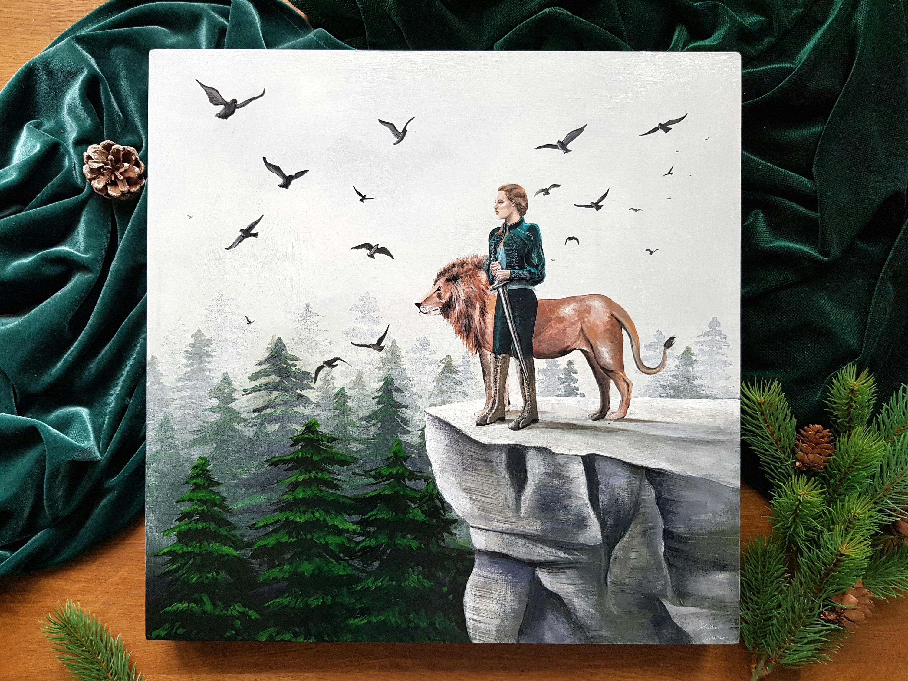 Original painting “Lion and Knight” – 40 × 40 cm, acrylic on wood panel, by Melina Lebel