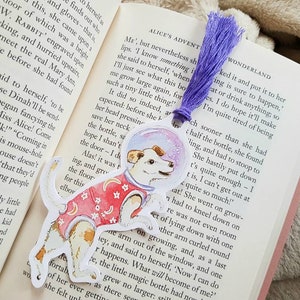 Laika bookmark, dog with astronaut helmet, hand painted bookmark with tassel, dog bookmark