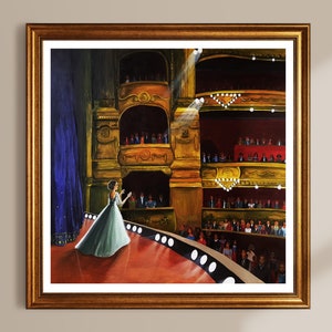 Kunstdruck Opernhaus mit Sängerin – Aquarell Illustration 24x24 cm | Klassische Musik Wandbild