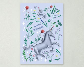Personalized Unicorn Birthday Card | Cute Greeting Card for Kids' Birthdays | Hand-Drawn Folded Card for Girls | Magical Greeting Card