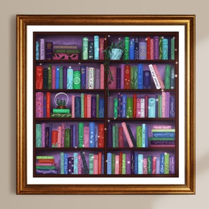 Kunstdruck Bücherregal mit Titeln von Klassikern, quadratisch 24 x 24 cm, Bücherwurm Wanddeko, Bücherzimmer Bild