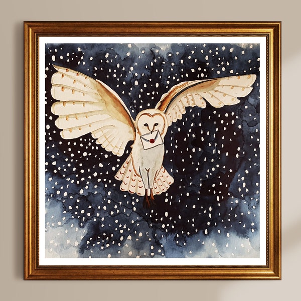 Art print owl in the snow, square 24 x 24 cm, fantasy mural, barn owl with letter