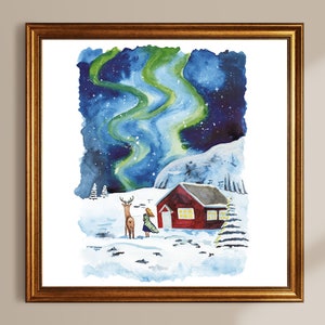 Nordlichter Kunstdruck – Elch & Frau vor Schwedenhaus | Winterliche Aquarell Illustration | Skandinavische Wandkunst A4