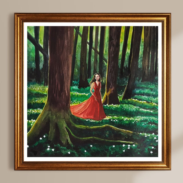 Kunstdruck Frau im Wald, rotes Kleid Illustration, quadratisch 24 x 24 cm, pre raphaelite Bild, Fee im Märchenwald