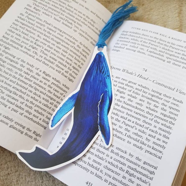 Wal Lesezeichen, Geschenk für Bücherwürmer, handgemaltes Buchzeichen, Moby Dick Illustration, mit Quaste