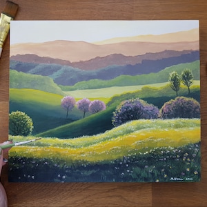 Landscape painting original painting on wood 30 cm x 25 cm, artist Melina Lebel, acrylic painting country house, painting landscape
