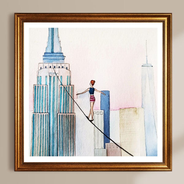 Kunstdruck Seiltänzerin New York, Wohnzimmerbild figurativ, Empire State Building Illustration