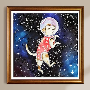 Perro en el espacio – Impresión artística de Laika | Póster de perro espacial retro en formato A4