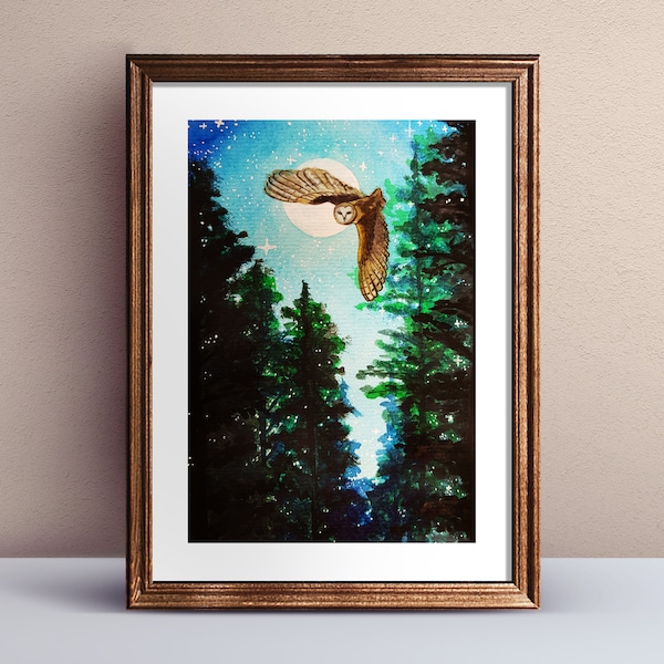 Art print owl magic forest with stars, barn owl illustration
