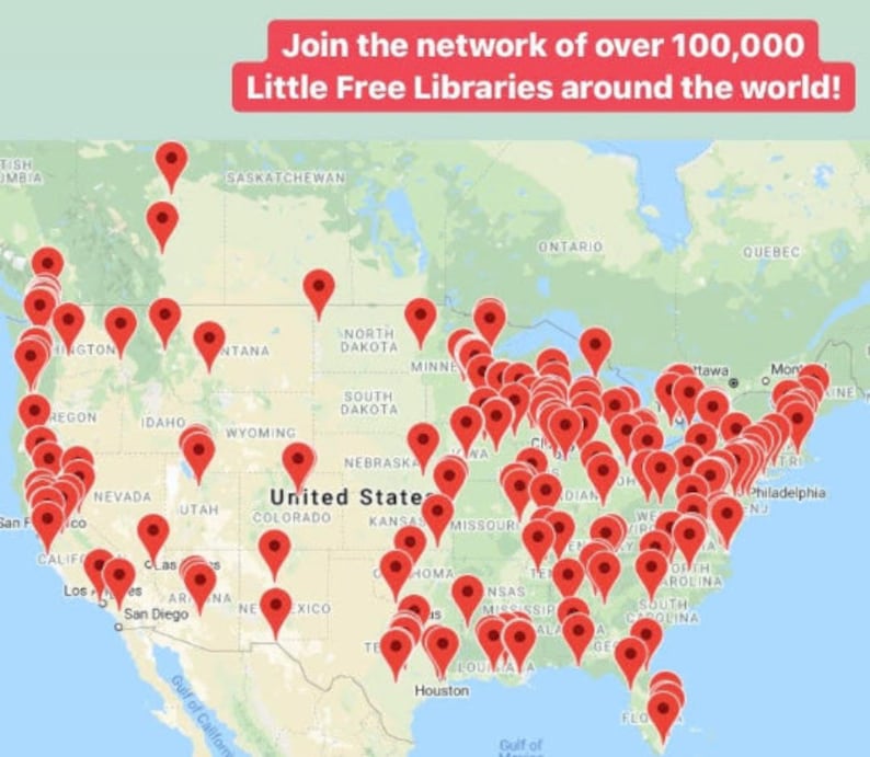 May include: A map of the United States with red markers indicating the locations of over 100,000 Little Free Libraries around the world.