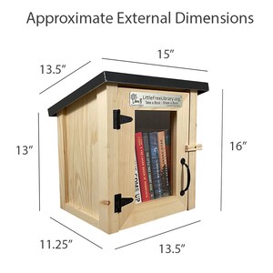 May include: A wooden Little Free Library with a black roof and a glass door. The library is 15 inches wide, 16 inches tall, and 13.5 inches deep. The sign on the front reads "LittleFreeLibrary.org Take a Book - Share a Book".
