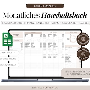 Könnte beinhalten: Eine digitale Excel-Vorlage für ein monatliches Haushaltsbuch auf einem Laptop-Bildschirm. Die Benutzeroberfläche enthält Spalten für Einnahmen und Ausgaben, ein Budget-Diagramm sowie Textbeschriftungen wie Monatliches Haushaltsbuch und Finanzplaner.