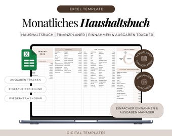 May include: A digital Excel template for a monthly household budget tracker displayed on a laptop screen. The interface includes columns for income and expenses, a budget summary chart, and text labels in German such as Monatliches Haushaltsbuch.