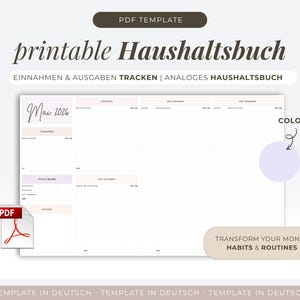 Puede incluir: Una plantilla PDF imprimible para un planificador de presupuesto familiar. El diseño presenta una combinación de colores pastel con el texto "printable Haushaltsbuch" y "Mai 2026". Incluye secciones para el seguimiento de ingresos y gastos. También está presente el texto "Transform Your Money Habits & Routines".