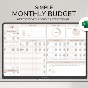 Planificador de presupuesto mensual sencillo | Inglés | Excel y Google Sheets | Presupuesto familiar | Seguimiento de ingresos y gastos | Resumen financiero