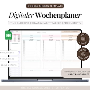 Könnte beinhalten: Eine digitale Wochenplaner-Vorlage für Google Sheets auf einem Laptop-Bildschirm. Die Benutzeroberfläche bietet ein strukturiertes Layout für Zeitplanung, Ziele und Gewohnheitsverfolgung mit Überschriften wie Wochenplan. Enthält Textbeschriftungen für die Wochenplanung.