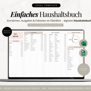 Digital Household Book Excel & Sheets | Financial Planner German | Income Expense Tracker | Budget Template Aesthetic | Minimalist