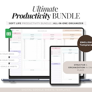 Könnte beinhalten: Ein digitales Produktivitätspaket, das auf einem Laptop und Tablet angezeigt wird. Der Bildschirm zeigt einen Planer mit Kalender- und Aufgabenbereichen. Der Text enthält "Ultimate Productivity BUNDLE", "Plan Your Week".