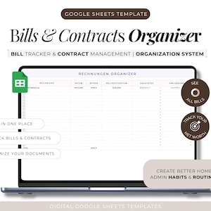 Könnte beinhalten: Ein Laptop-Bildschirm zeigt eine Google Sheets-Vorlage mit dem Titel "Bills & Contracts Organizer". Das Design enthält Text wie "Bill Tracker & Contract Management" und Aufforderungen zum "Track Bills & Contracts". Zusätzlicher Text enthält "See All Bills" und "Track Your Net Worth."