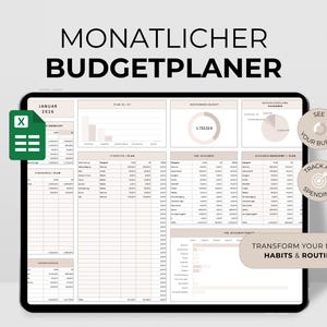 Könnte beinhalten: Ein digitaler Budgetplaner, der auf einem Tablet angezeigt wird. Der Bildschirm zeigt eine Tabelle mit Finanzdaten, Diagrammen und dem Text "MONATLICHER BUDGETPLANER". Zusätzlicher Text lautet "SEE YOUR BUDGET", "TRACK ALL SPENDINGS" und "TRANSFORM YOUR MONEY HABITS & ROUTINES".