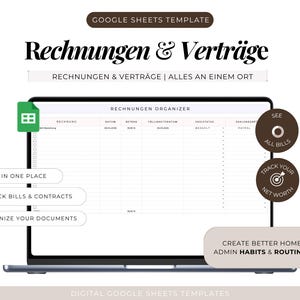 Könnte beinhalten: Ein Laptop-Bildschirm zeigt eine Google Sheets-Vorlage zur Organisation von Rechnungen und Verträgen. Das Design enthält den Text "Rechnungen & Verträge" und Aufforderungen zur Verfolgung von Rechnungen, zur Organisation von Dokumenten und zur Anzeige aller Rechnungen. Die Vorlage ist für bessere Home-Admin-Gewohnheiten konzipiert.
