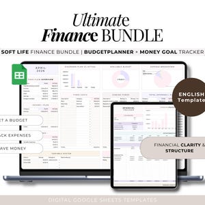 Könnte beinhalten: Ein digitales Finanzpaket, das auf einem Laptop und Tablet angezeigt wird. Der Bildschirm zeigt eine Tabelle mit Diagrammen und Finanzdaten. Der Text enthält "Ultimate Finance Bundle" und "Digital Google Sheets Templates".