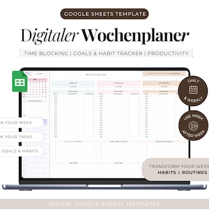Digitaler Wochenplaner Google Sheets | Weekly Planner Vorlage | Time Blocking Planner | Habit Tracker | Produktivitätsplaner Deutsch