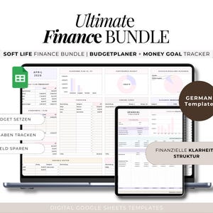Könnte beinhalten: Ein digitales Finanzpaket, das auf einem Laptop und Tablet angezeigt wird. Der Text "Ultimate Finance Bundle" steht oben. Die Bildschirme zeigen Budgetplanung und Money Goal Tracking. Der Text "Budget Setzen", "Ausgaben Tracken" und "Geld Sparen" ist enthalten.
