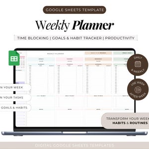 Könnte beinhalten: Ein Laptop mit einer digitalen Wochenplaner-Vorlage. Der Bildschirm zeigt einen Zeitplan mit Abschnitten für Zeitblockung, Ziele und Gewohnheitsverfolgung. Auf dem Bildschirm steht "Weekly Planner" und "Plan Your Week". Zusätzlicher Text lautet "Transform Your Weekly Habits & Routines."