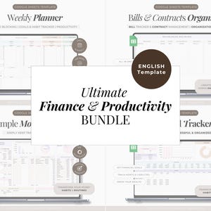 Könnte beinhalten: Ein digitales Bündel von Google Sheets-Vorlagen mit einem Wochenplaner, einem Rechnungs- und Vertragsorganisator, einem einfachen Monatsbudget und einem Finanztracker. Der zentrale Text lautet Ultimate Finance & Productivity BUNDLE.