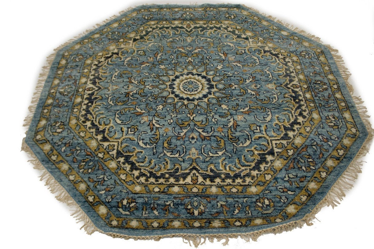 Blue 6x6 Floral Kashan Octagon Rug Oriental Natural 5'11 Etsy