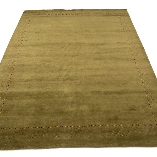 Olive Green Bordered 8X11 Tribal Indo-Gabbeh Rug | Oriental Natural Wool 8X11 Area Rug | Handmade Home Decor Furnishings
