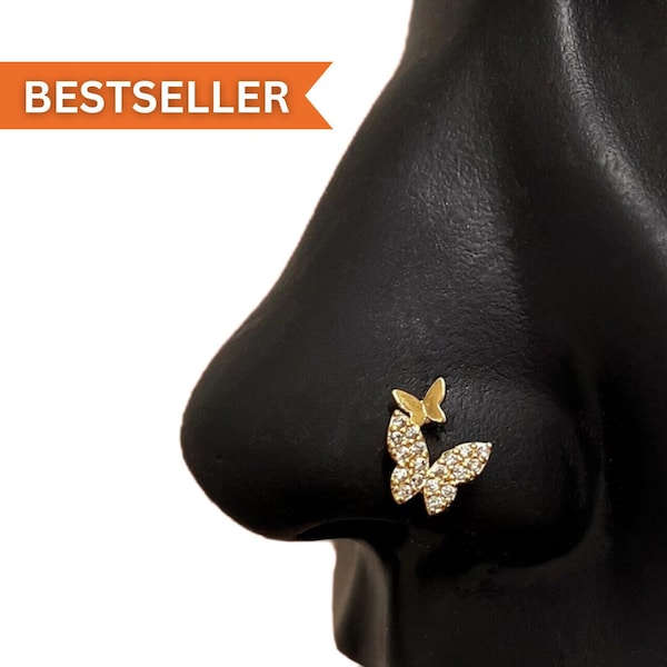 Double Butterfly Nose stud, nose ring, butterfly nose pins, surgical steel nosering, L-shape nose ring