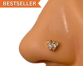 Diamond Butterfly Nose Stud, nose pin, nose jewelry, nose piercings, 20g nose rings, L shape nose rings, surgical steel nose rings