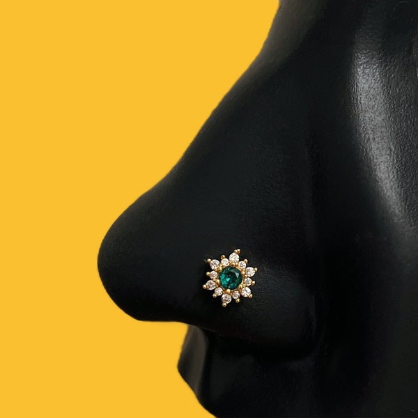 Emerald Flower Nose Stud, nose ring, L shape nose pin, 20g nosepin, nose hoops