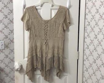 Bohemian  Sacred Threads Rayon L/XL Beige Asymmetrical Embroidered Versatile Tunic Top New w/ Tags.