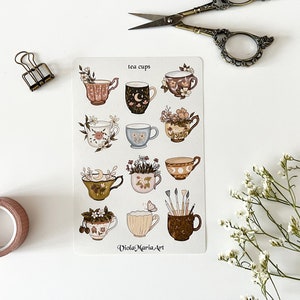 tea cups sticker sheet, bullet journal stickers