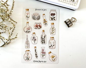 flowers in jars stickersheet, bullet journal sticker, decorative stickers, journaling sticker sheet, cottagecore