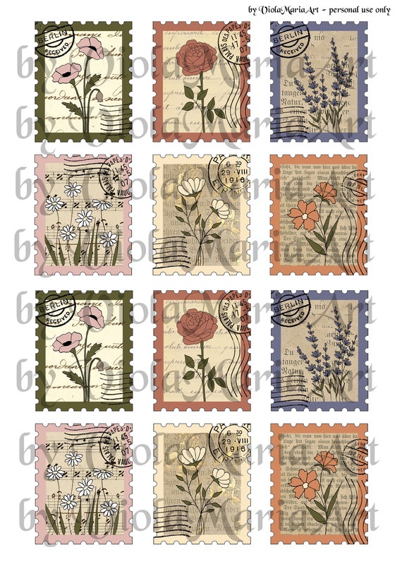 printable flower postage stamp stickers faux vintage digital etsy