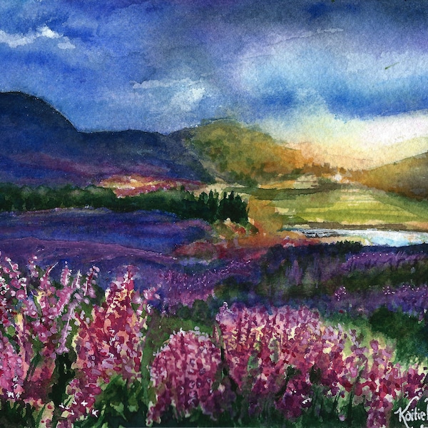 Fireweed Watercolor painting Homer Alaska landscape wildflower scenery art prints Kaitlin McCloud